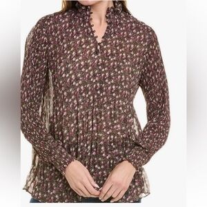 CAbi Knife Pleat Floral Sheer High Neck Blouse brown pink smocked cuff, neck Lg